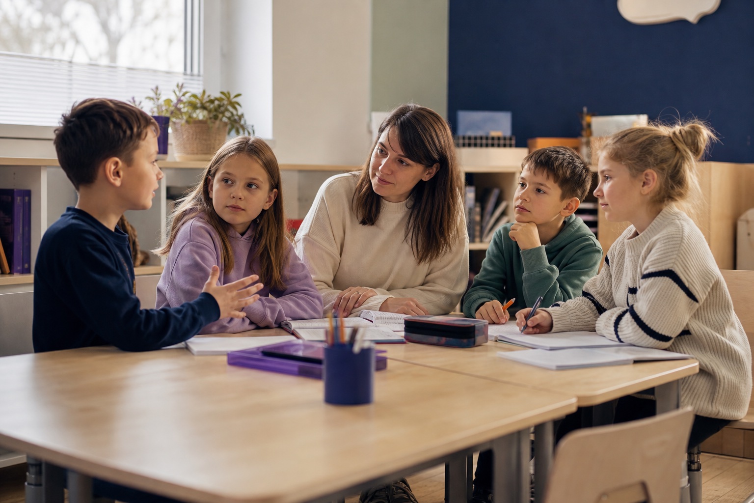 Lektorka słucha uczniów pracujących wspólnie przy stole